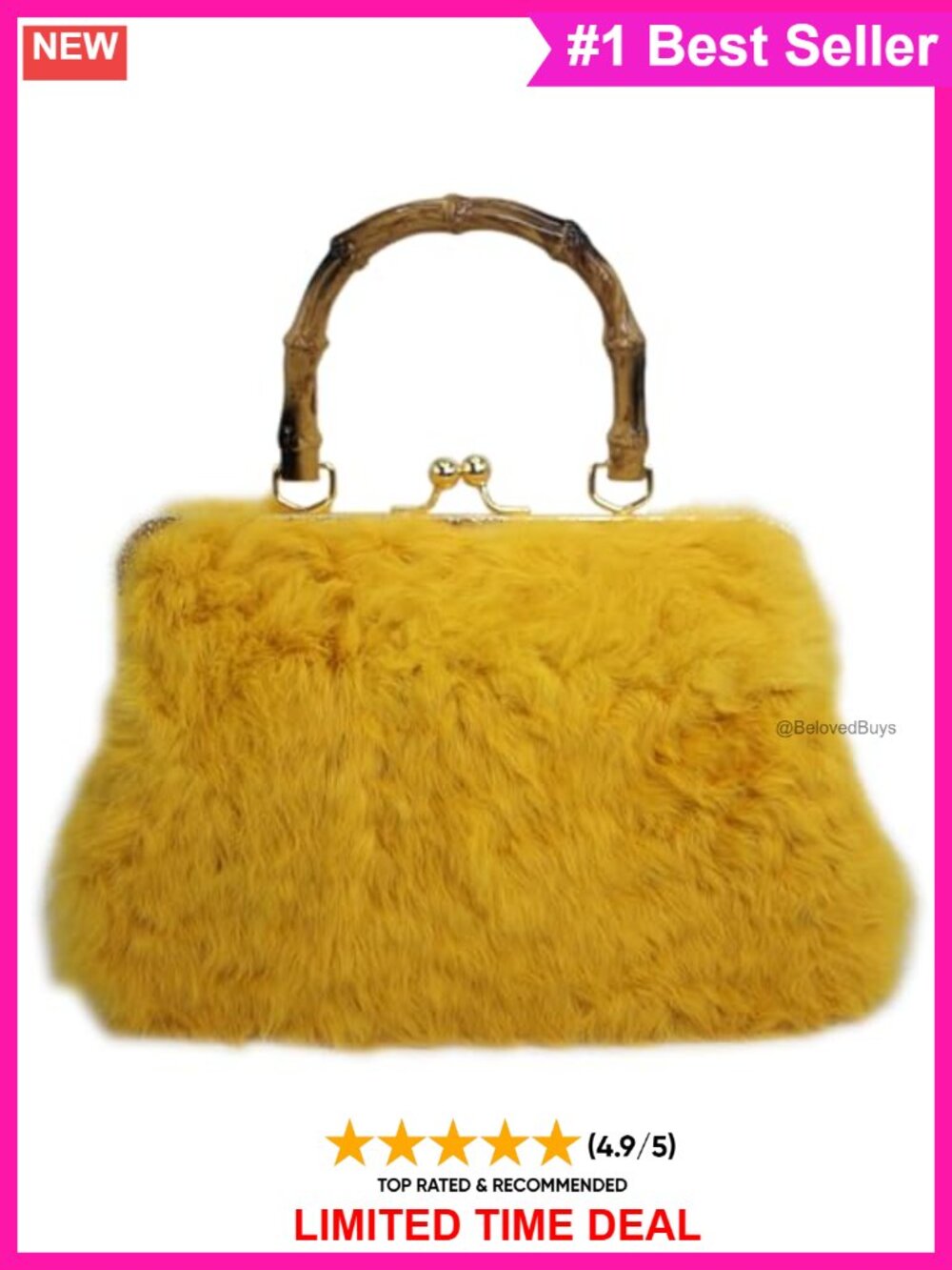 Faux Karakul Rabbit Fur Handbag Bamboo-Style Handle Gold Kisslock